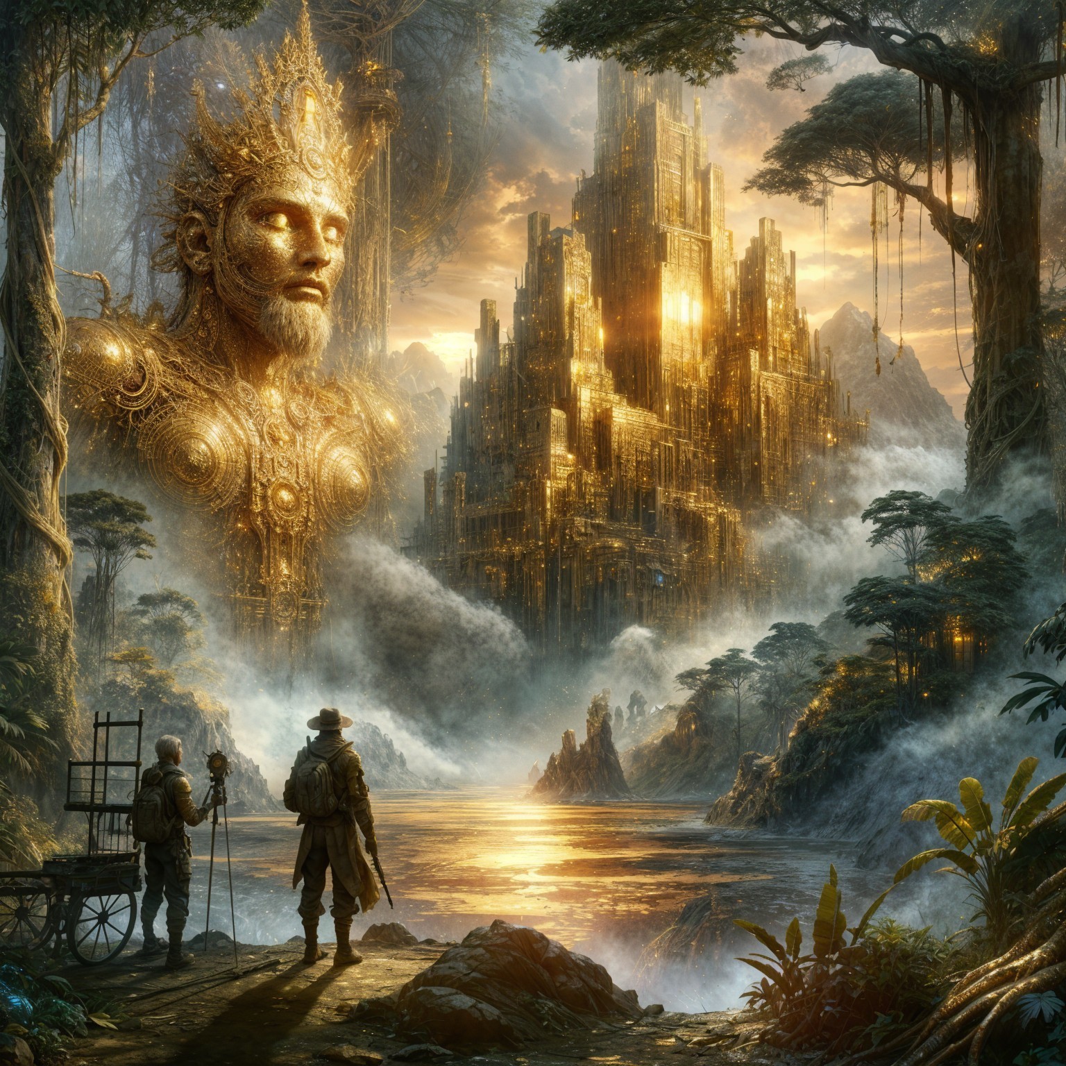 Fantasy Landscape with Golden Figure and City