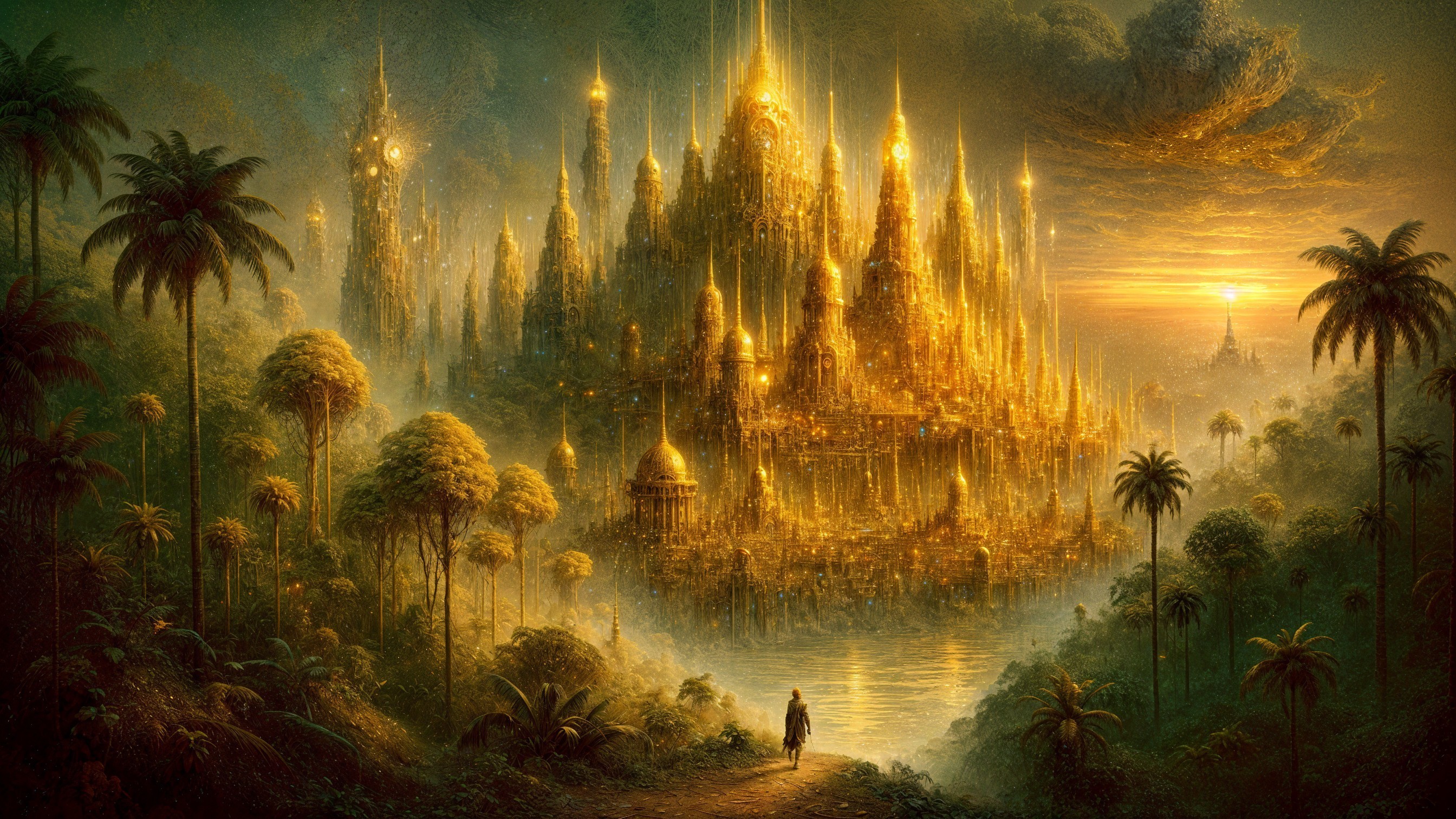 Golden City at Twilight Surrounded by Palm Trees