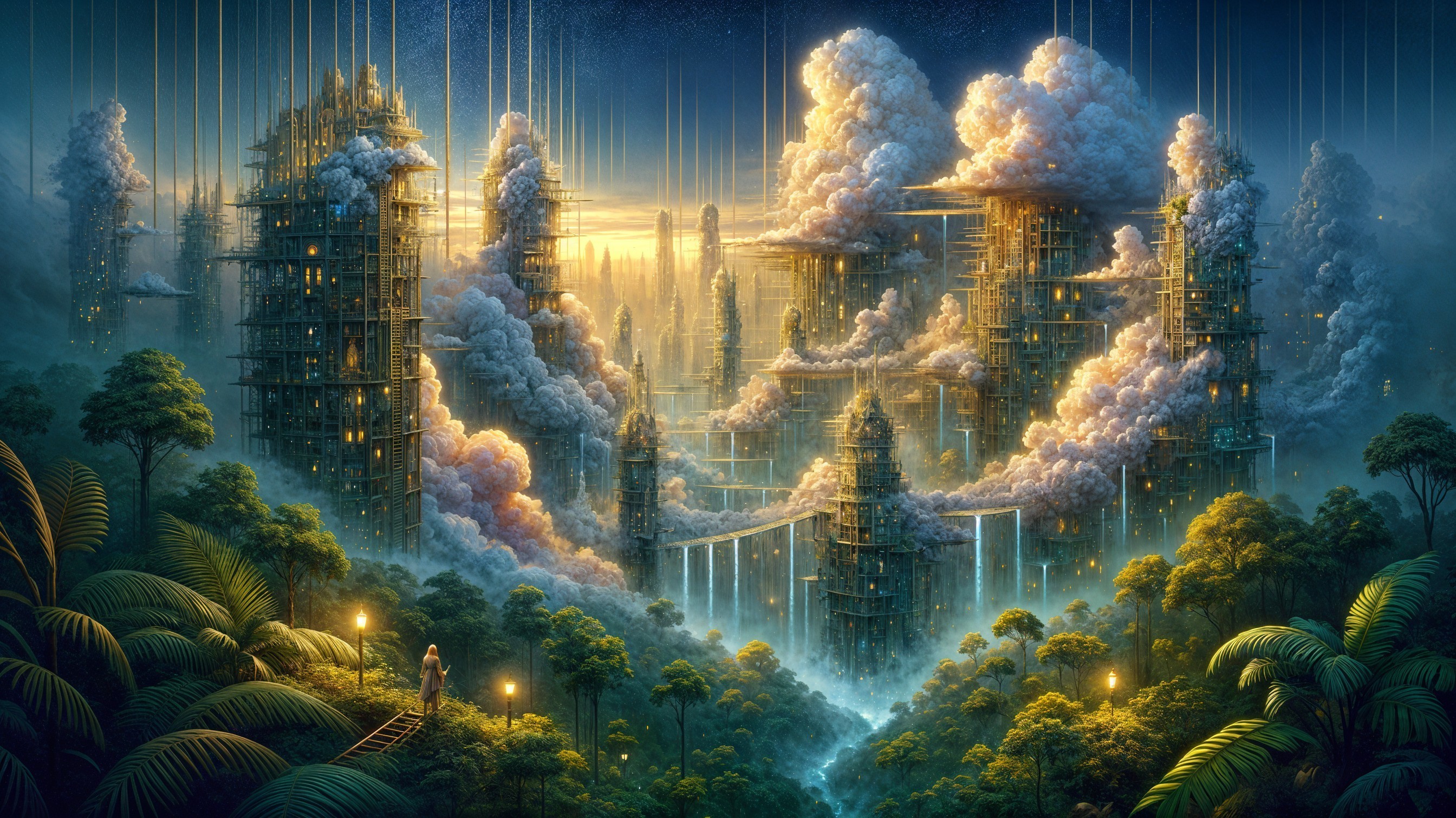 Surreal Landscape with Ethereal Structures and Nature