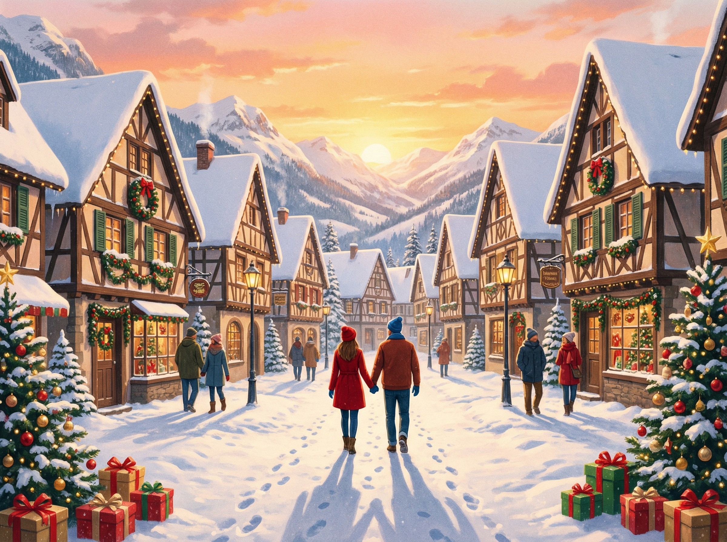 Couple Walking in Snowy European Town at Sunset