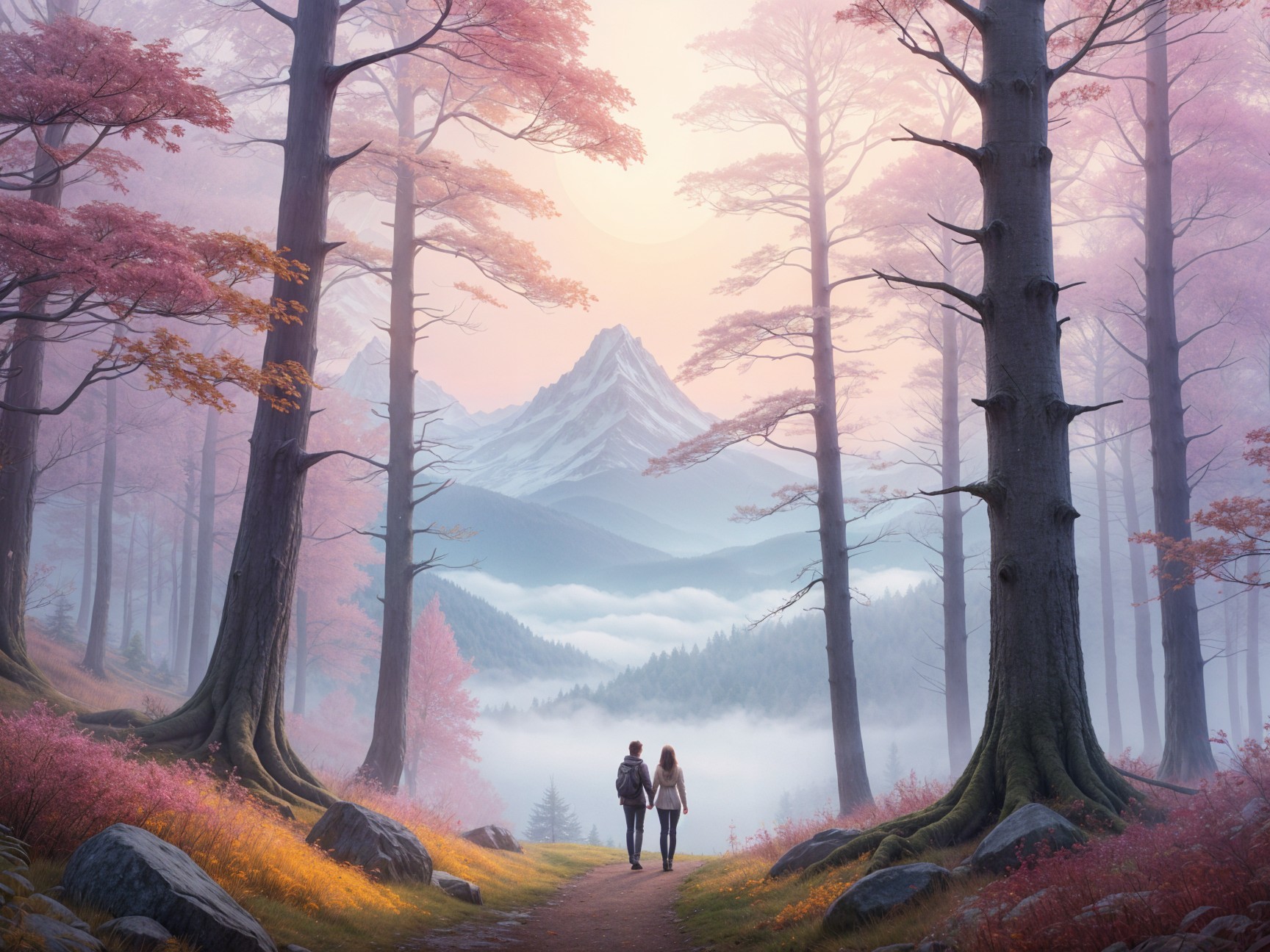 Serene forest scene with autumn foliage and mountains