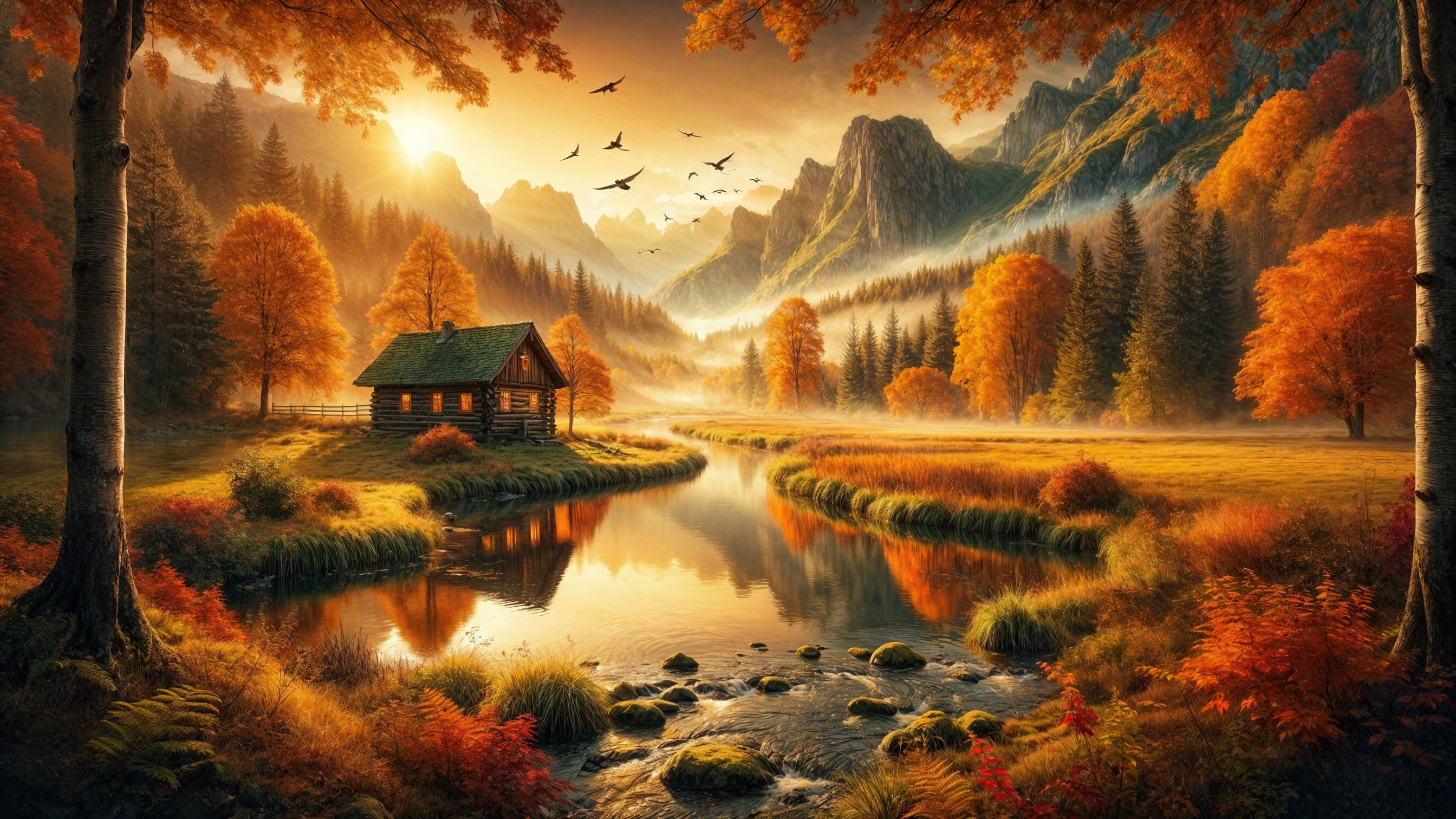 Autumn Landscape with Cabin and Tranquil River
