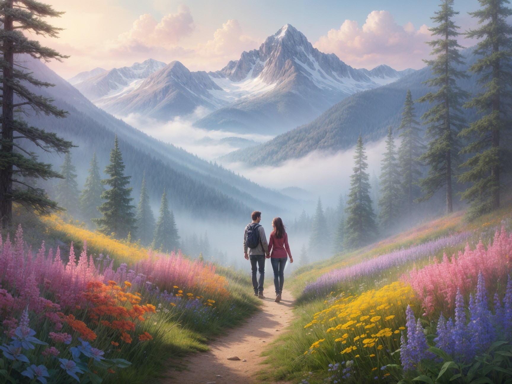 Couple Walking Through a Colorful Meadow at Sunset