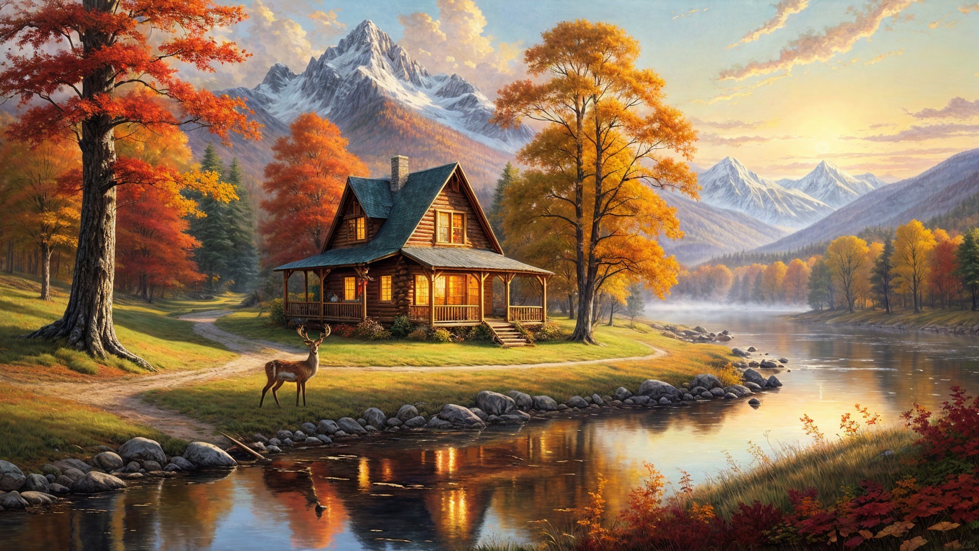 Autumn Landscape with Cabin and Tranquil River