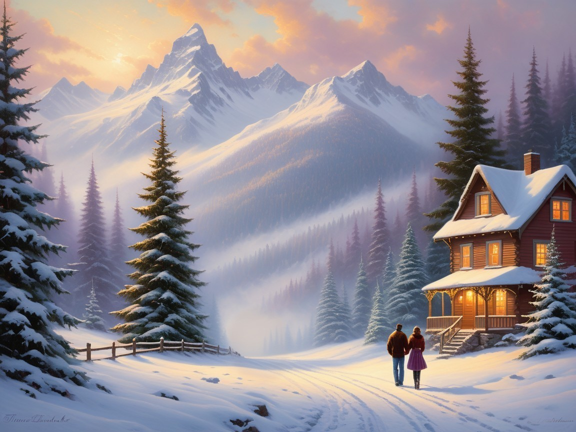 Cozy Cabin in Serene Winter Landscape at Dawn