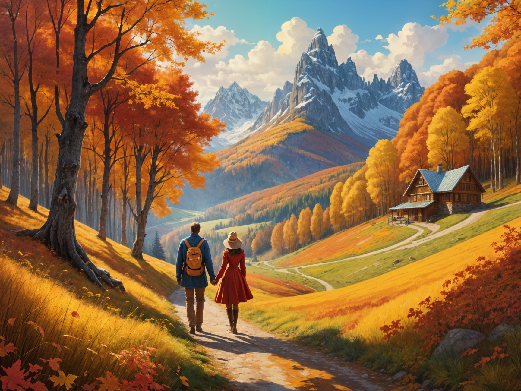 Autumn Landscape with Couple and Cabin in Mountains