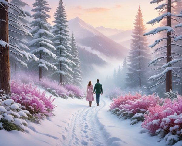 Couple Walking in Snowy Forest Landscape with Mountains