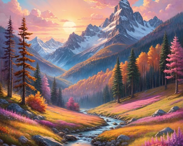 Vibrant Sunset Over Majestic Mountains and River