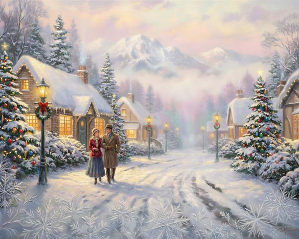 Romantic Winter Village Scene with Snow and Lights