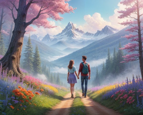 Couple Walking Along Scenic Path with Cherry Blossoms