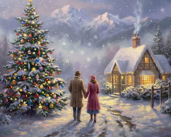 Winter Village Scene with Couple at Twilight