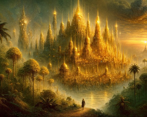 Golden City at Twilight Surrounded by Palm Trees