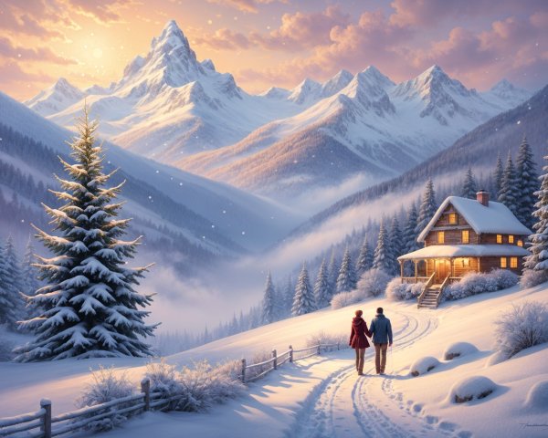 Cozy Cabin in Serene Winter Landscape with Snowfall