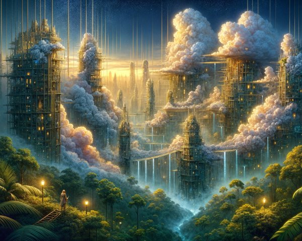 Surreal Landscape with Ethereal Structures and Nature