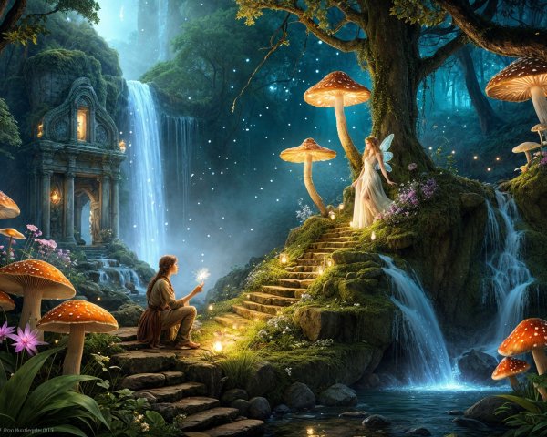 Magical forest with glowing lights and mystical staircase