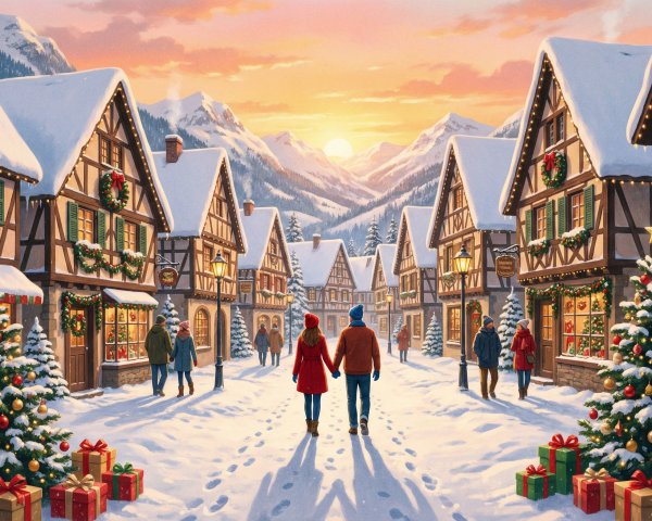 Couple Walking in Snowy European Town at Sunset