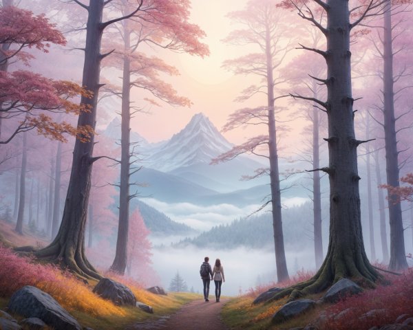 Serene forest scene with autumn foliage and mountains