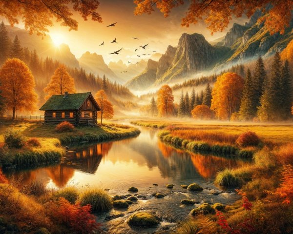 Autumn Landscape with Cabin and Tranquil River