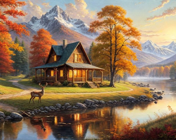 Autumn Landscape with Cabin and Tranquil River
