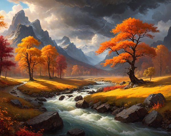 Autumn Landscape with Vibrant Trees and Mountains