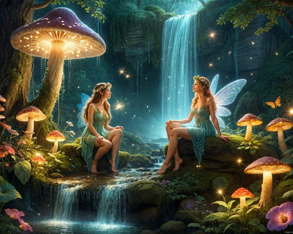 Ethereal Fairies by a Sparkling Waterfall in Forest