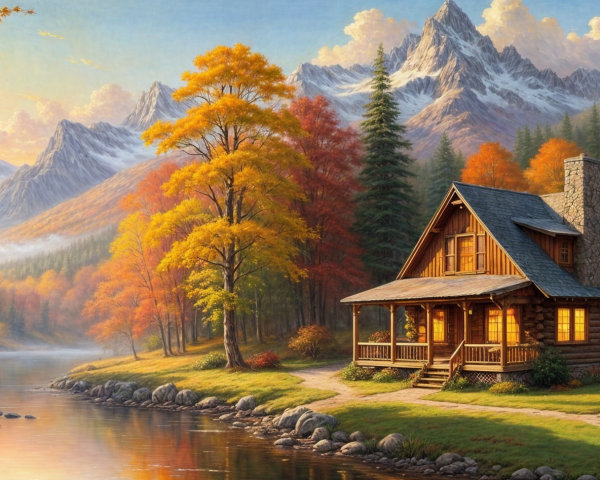 Wooden cabin by river with autumn trees and mountains