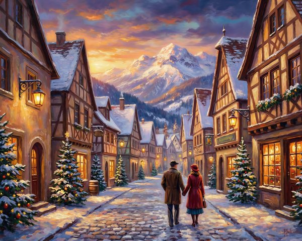 Romantic Snowy Village Scene with Christmas Decor