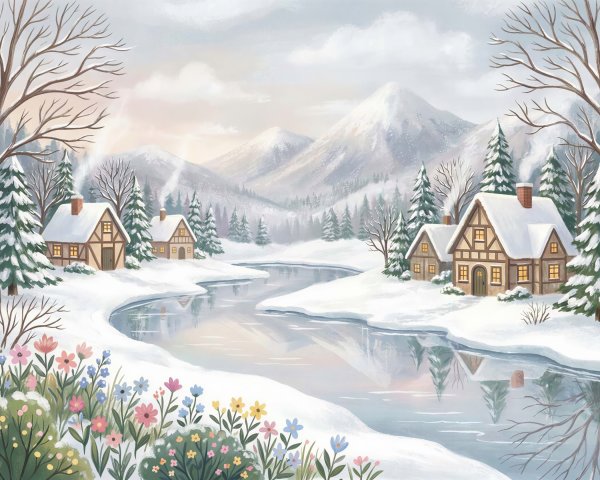 Cheerful Winter Scene with River and Snow-Covered Houses