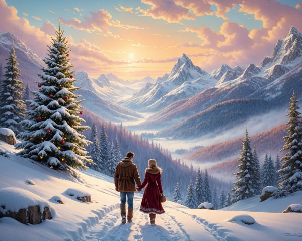Winter Landscape with Couple and Christmas Tree
