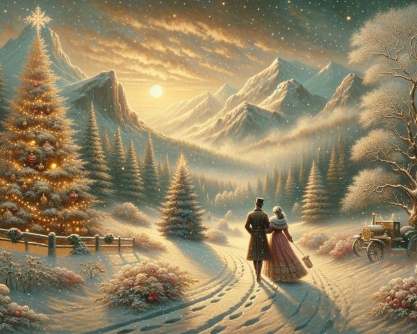 Winter Landscape with Couple and Christmas Tree