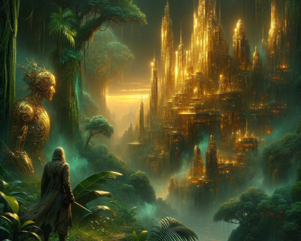 Mystical Jungle Scene with Golden Spires and Guardian