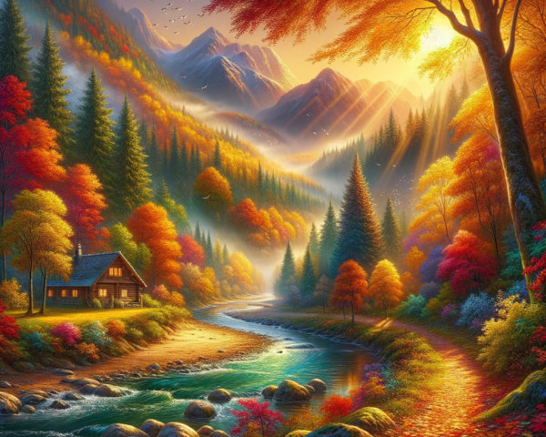 Autumn Landscape with Cabin and Serene River