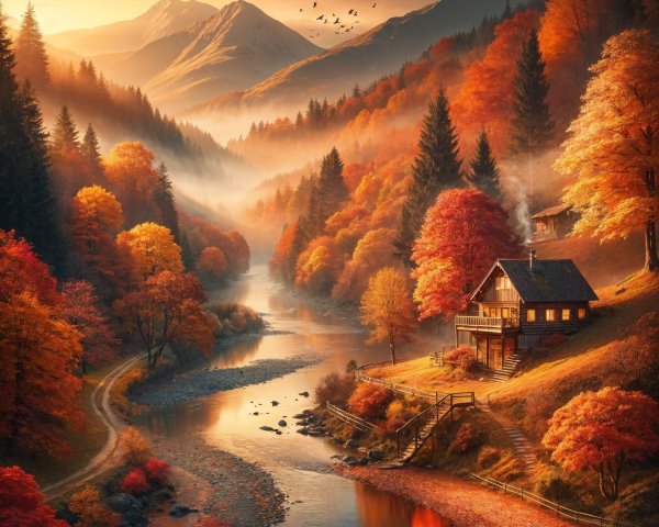 Autumn Landscape with Cabin and Winding River