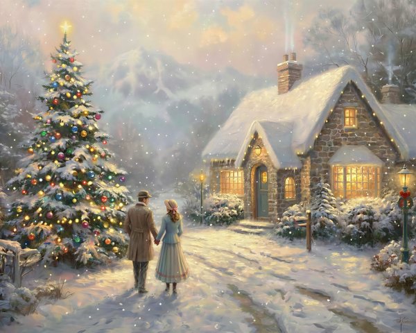 Winter Scene with Couple, Cottage, and Christmas Tree