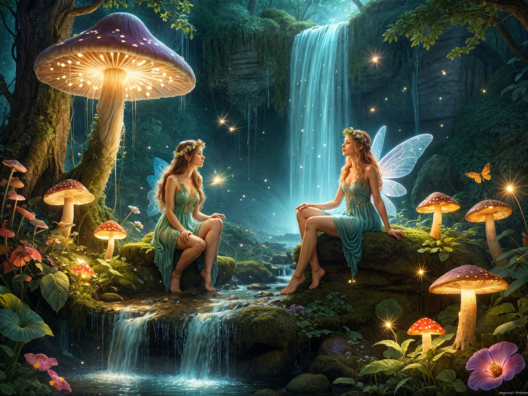 Ethereal Fairies by a Sparkling Waterfall in Forest