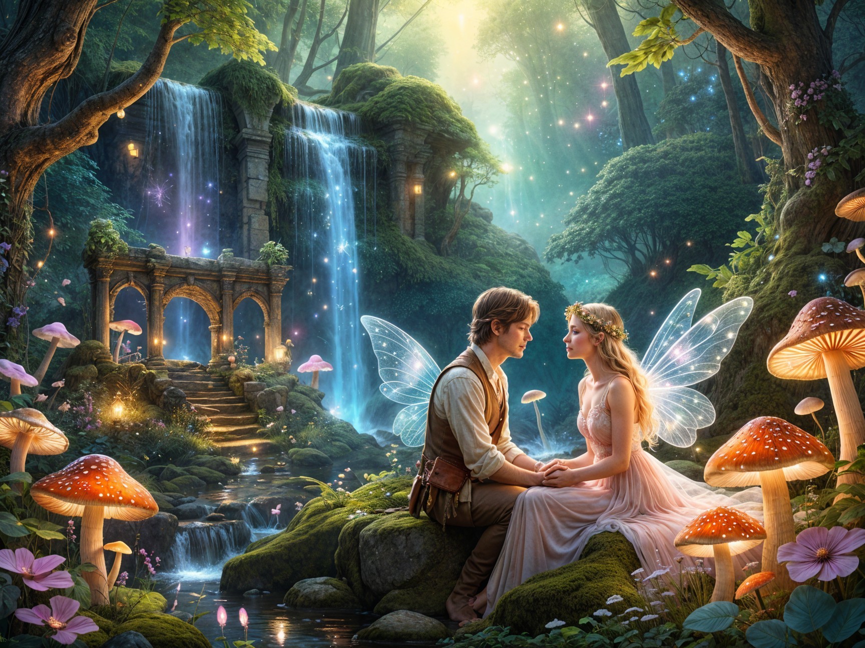 Couple by Waterfall in Enchanted Forest Setting