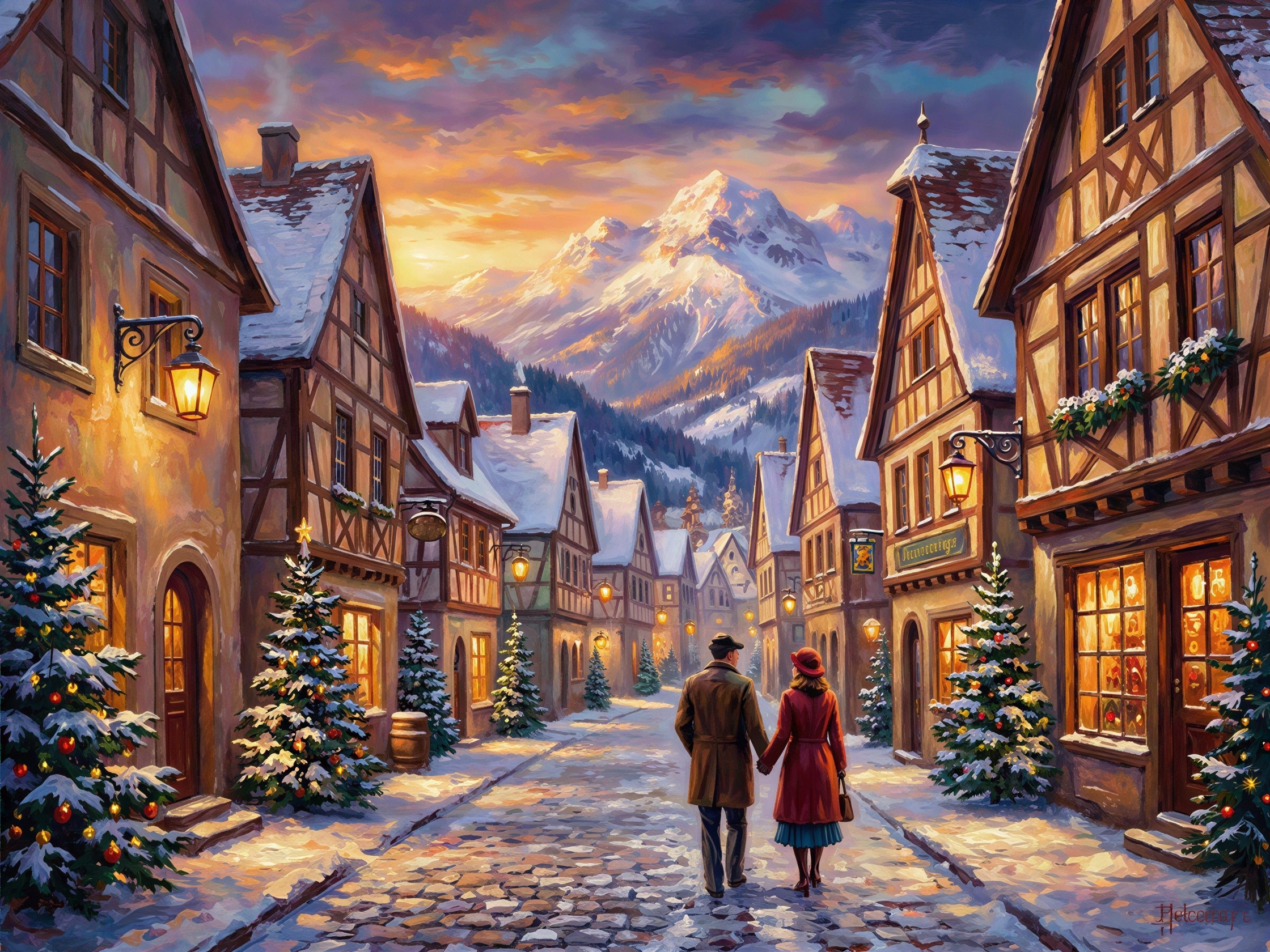 Romantic Snowy Village Scene with Christmas Decor