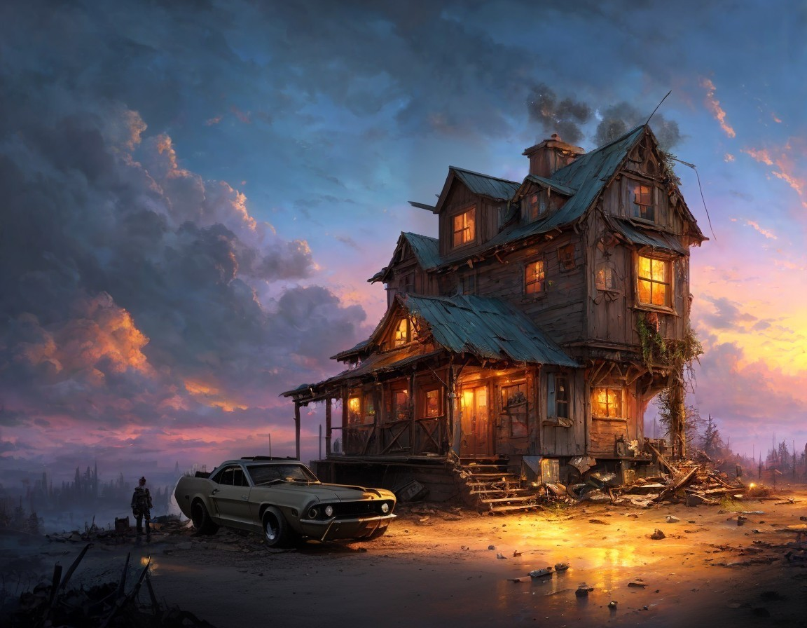 Dilapidated Two-Story House at Sunset with Vintage Car