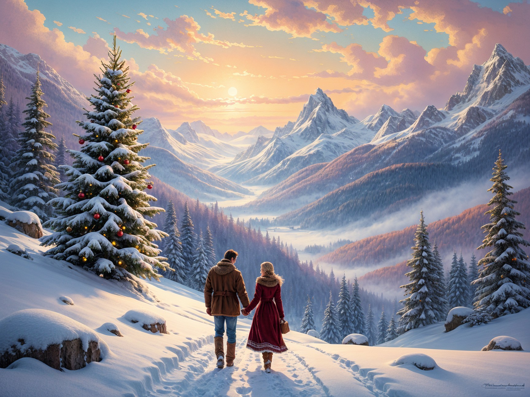 Winter Landscape with Couple and Christmas Tree