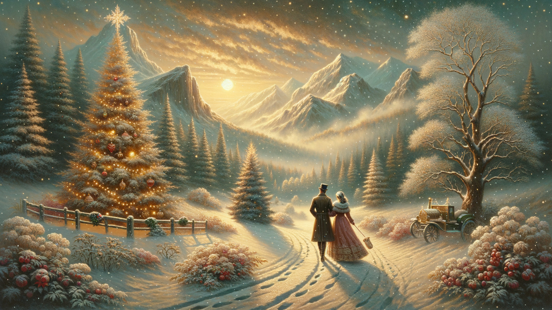 Winter Landscape with Couple and Christmas Tree