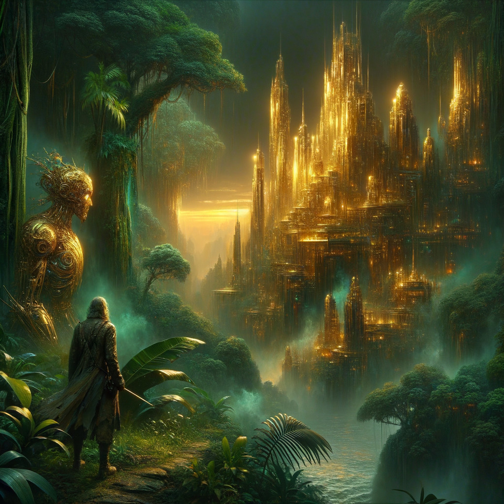 Mystical Jungle Scene with Golden Spires and Guardian