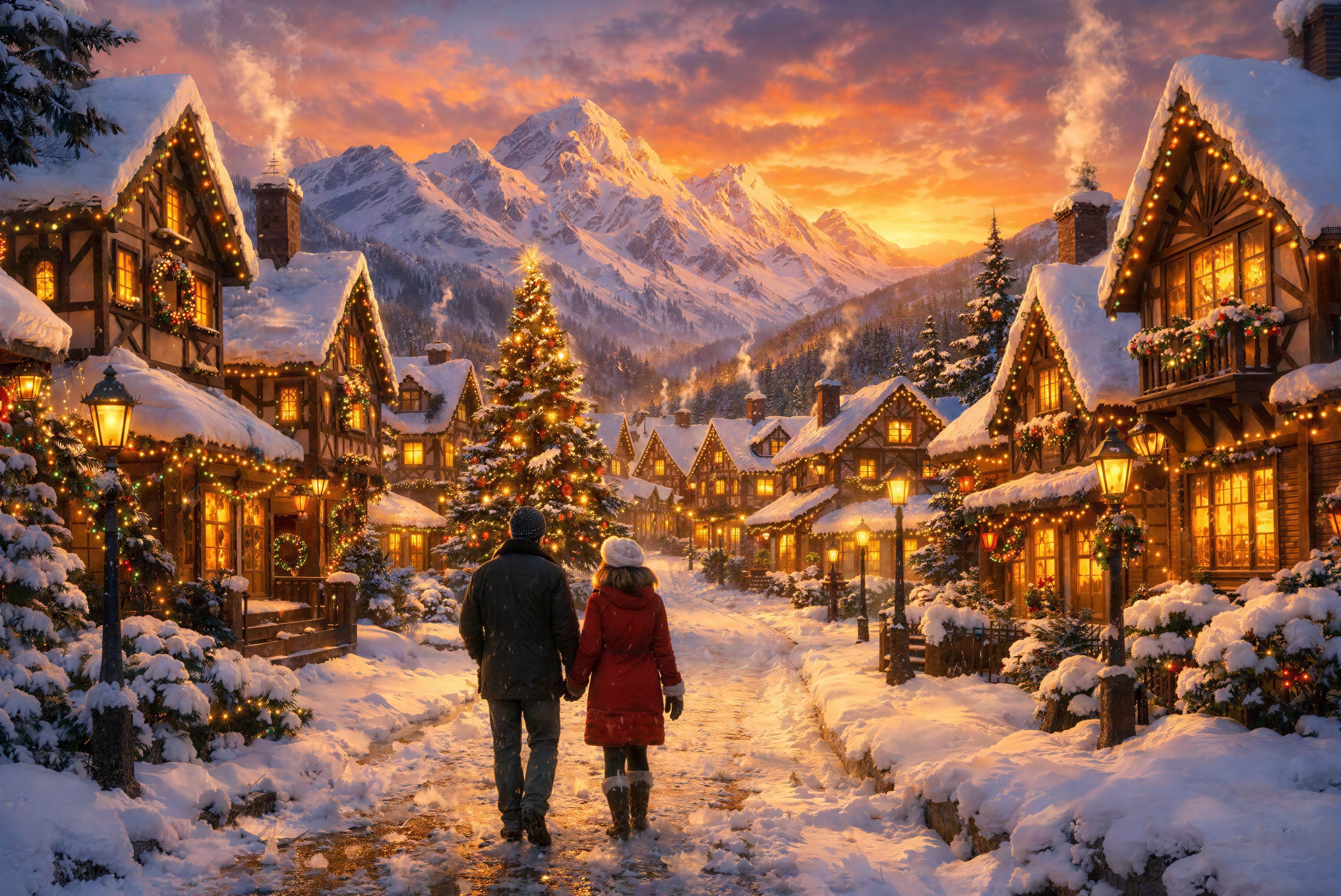 Romantic Winter Scene in a European Mountain Village