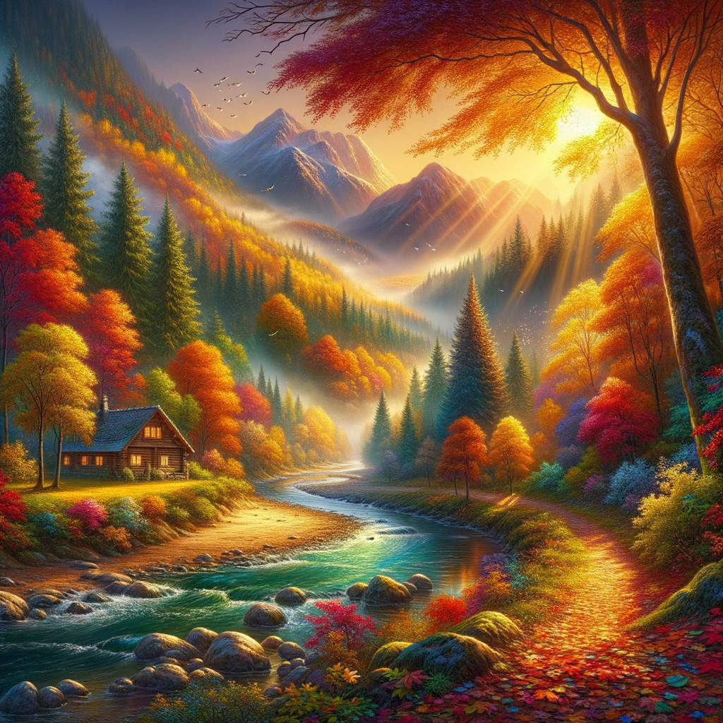 Autumn Landscape with Cabin and Serene River