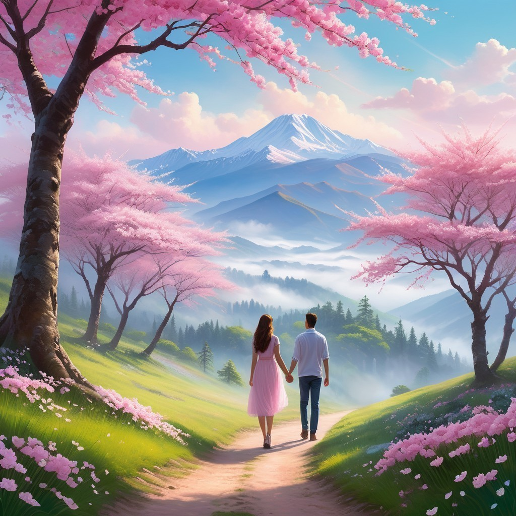 Cherry Blossoms and Mountains in a Dreamy Landscape
