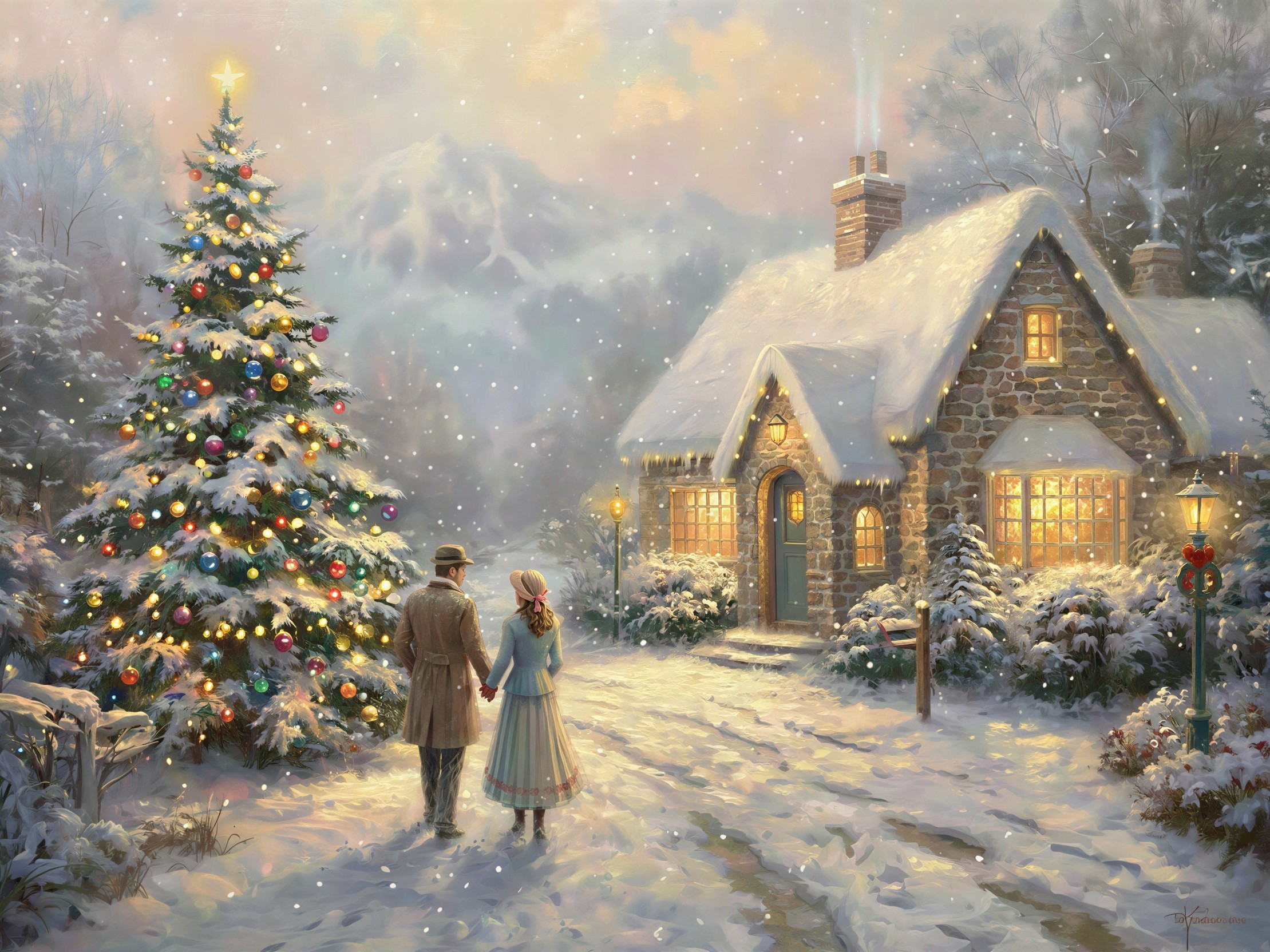 Winter Scene with Couple, Cottage, and Christmas Tree