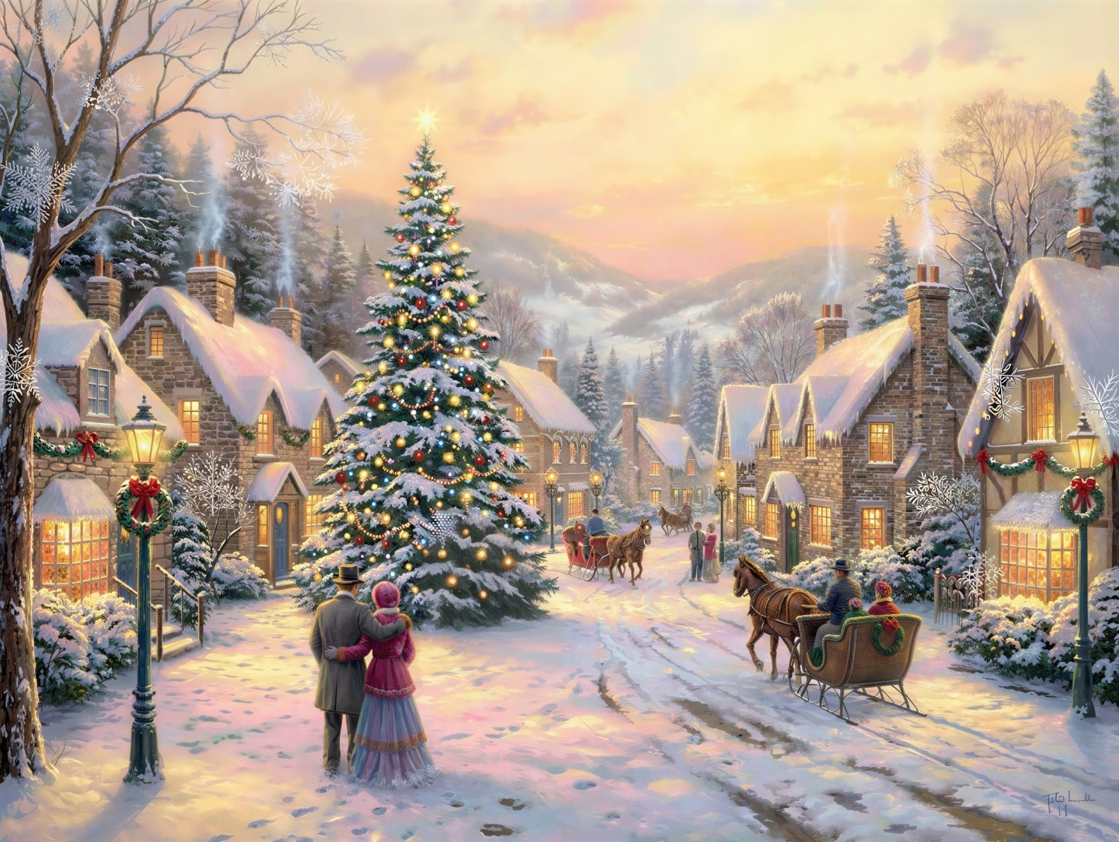 Winter Village Scene with Christmas Tree and Cottages