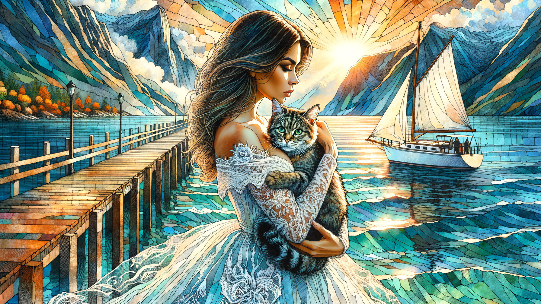 Serene Lake Scene with Woman, Cat, and Sunset Colors
