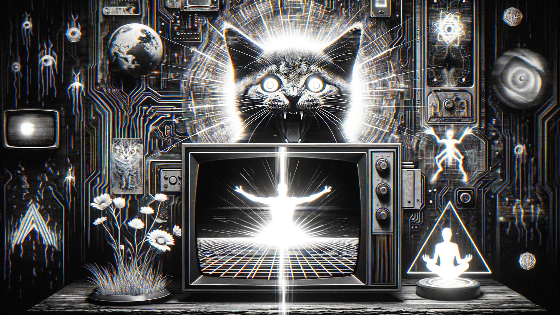 Surreal Cat Head from Vintage TV with Celestial Elements