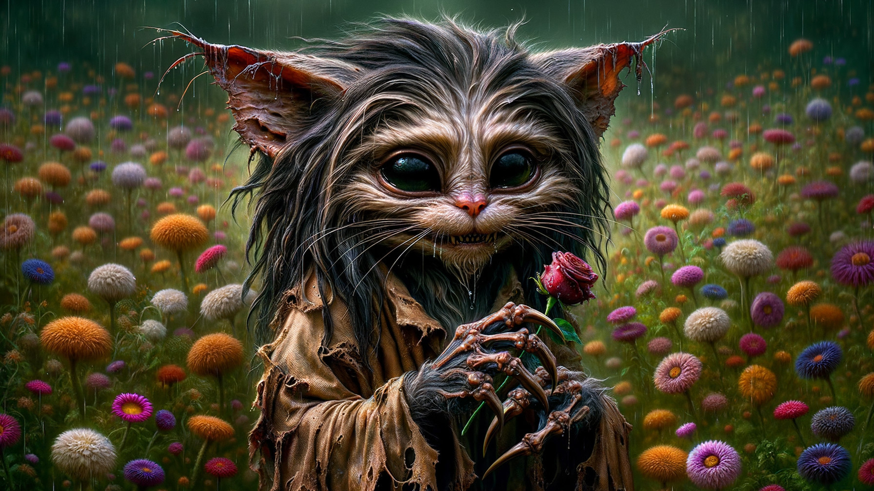 Whimsical creature in flower field with delicate rose
