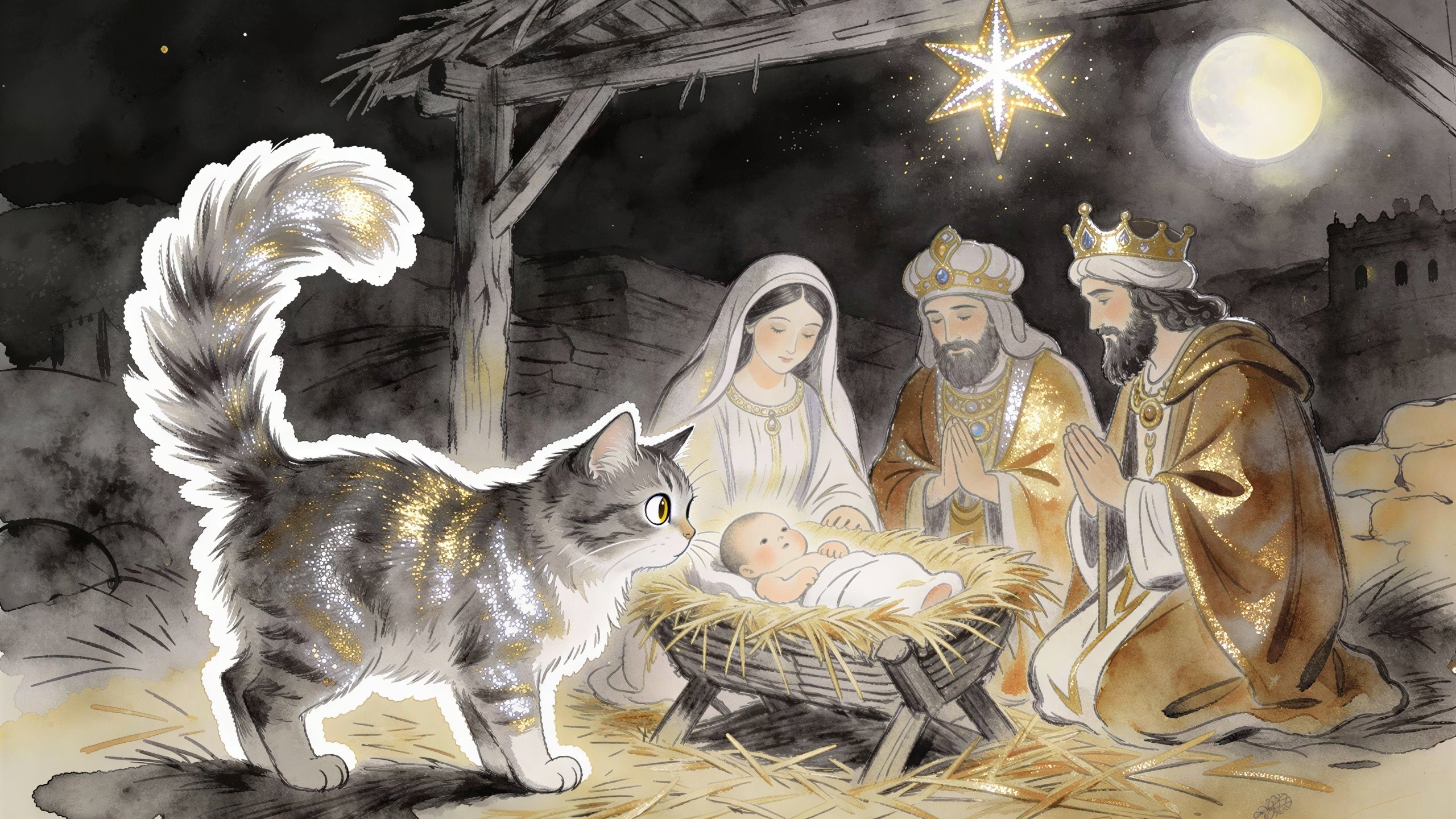 Whimsical Watercolor Nativity Scene with Cat and Stars